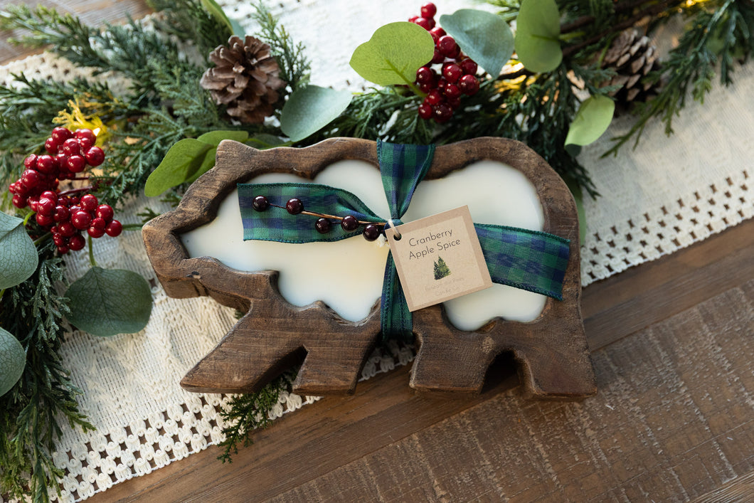 Holiday Brown Bear Wooden Bowl Candle